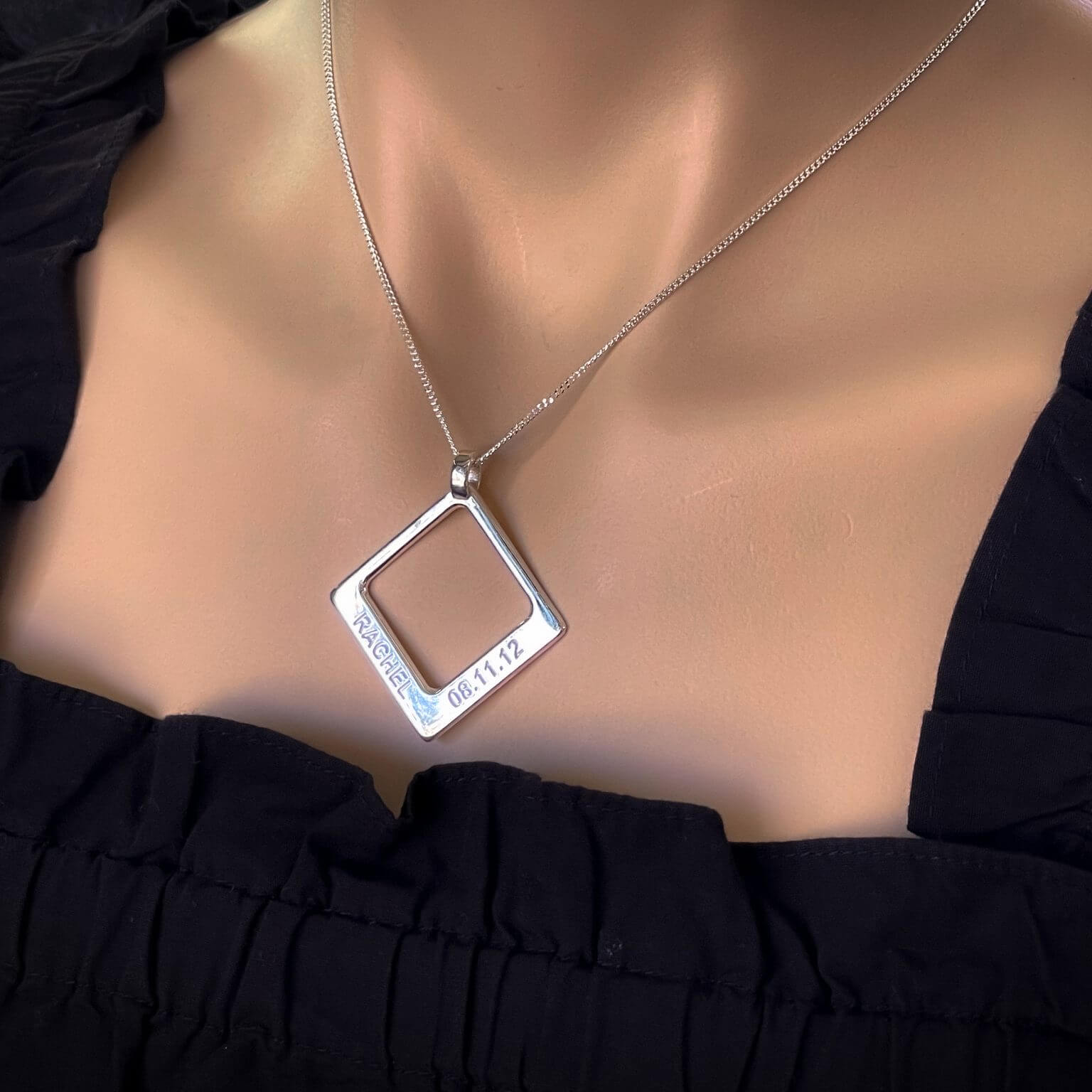 uneik square name pendant on model