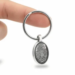 Alternative view of Oval, Blackened, Raised Fingerprint Keyring || Sterling Silver - Fingerprint Jewellery