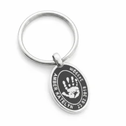Oval, Text Border, Blackened - Handprint or Footprint Keyring || Sterling Silver - Hand Footprint Jewellery