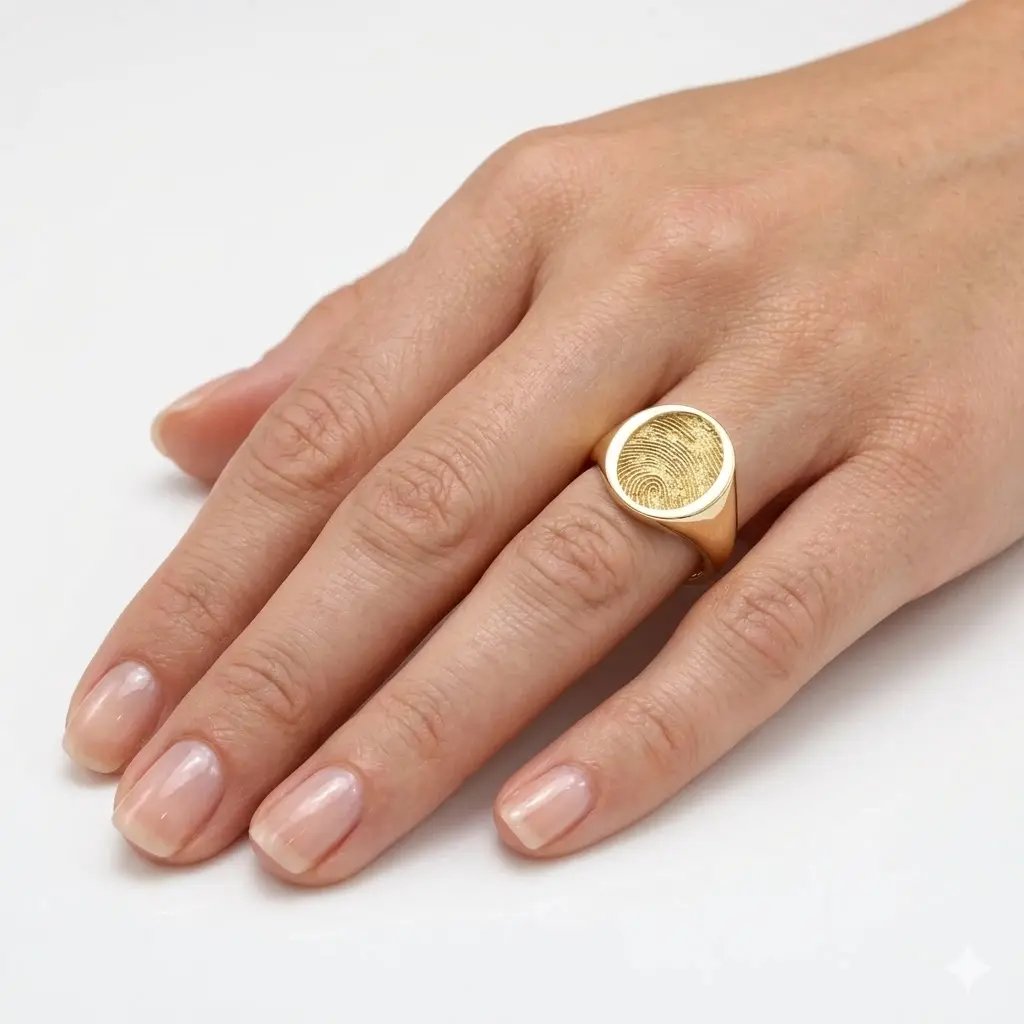 Vertical Oval Fingerprint Signet Ring - One Fingerprint on Top of Ring || 9ct Gold - Fingerprint Jewellery - Image 2