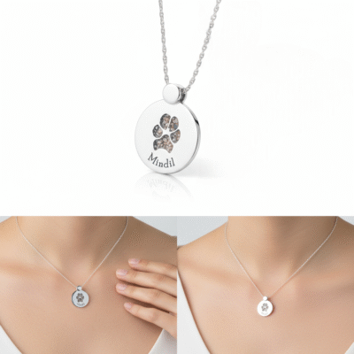 Sterling Silver or White Gold ashes jewellery pendant with necklace with pet cremation ashes. Handcrafted in Australia. Pet memorial jewellery by Uneik Jewellery and Memories4Life.