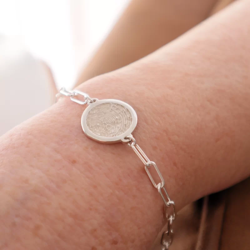 Fingerprint Bracelet Round Disk Paperclip style in Sterling Silver
