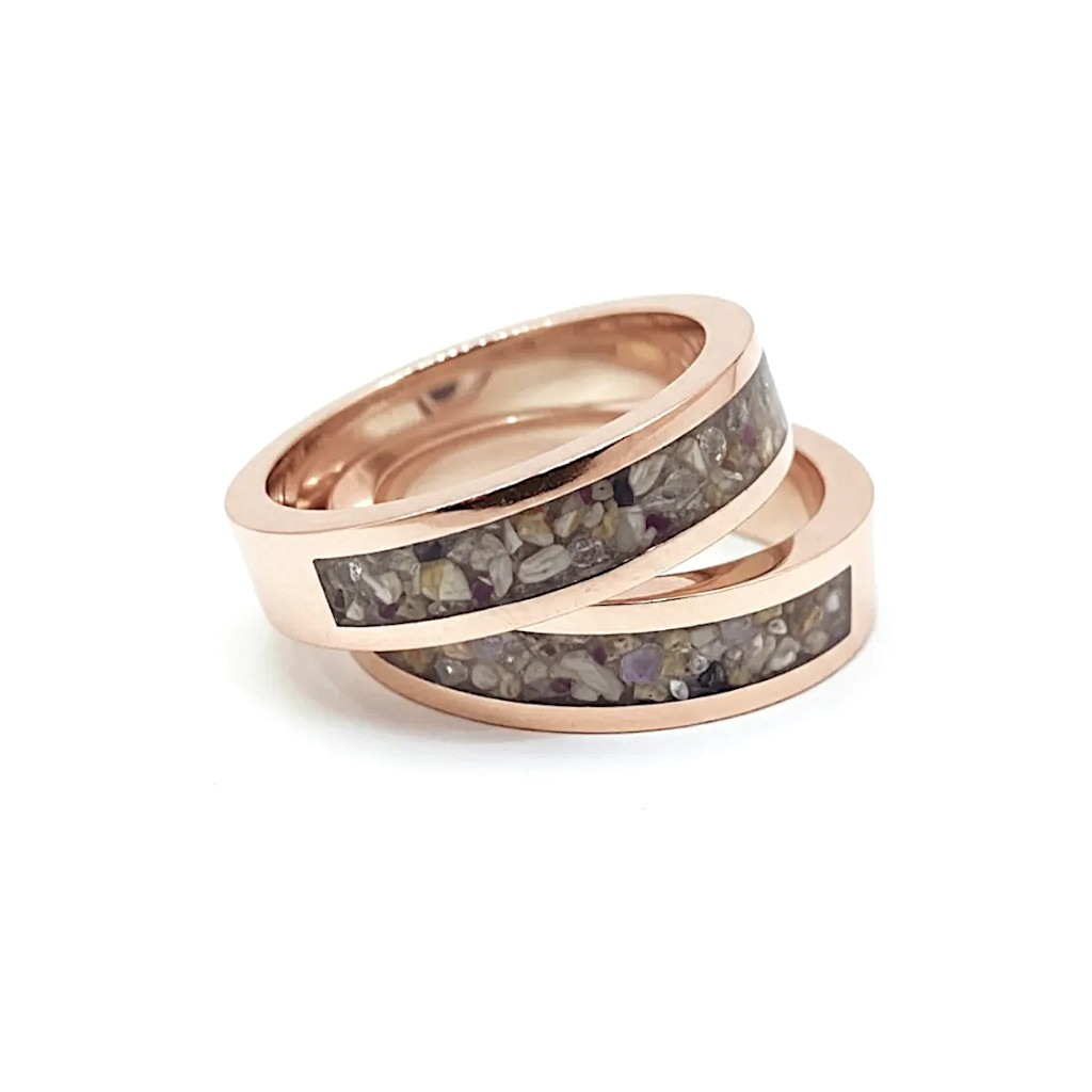 9ct Rose Gold ashes rings with cremation ashes and opal inclusion inlay, handmade memorial jewellery by Uneik Jewellery Australia