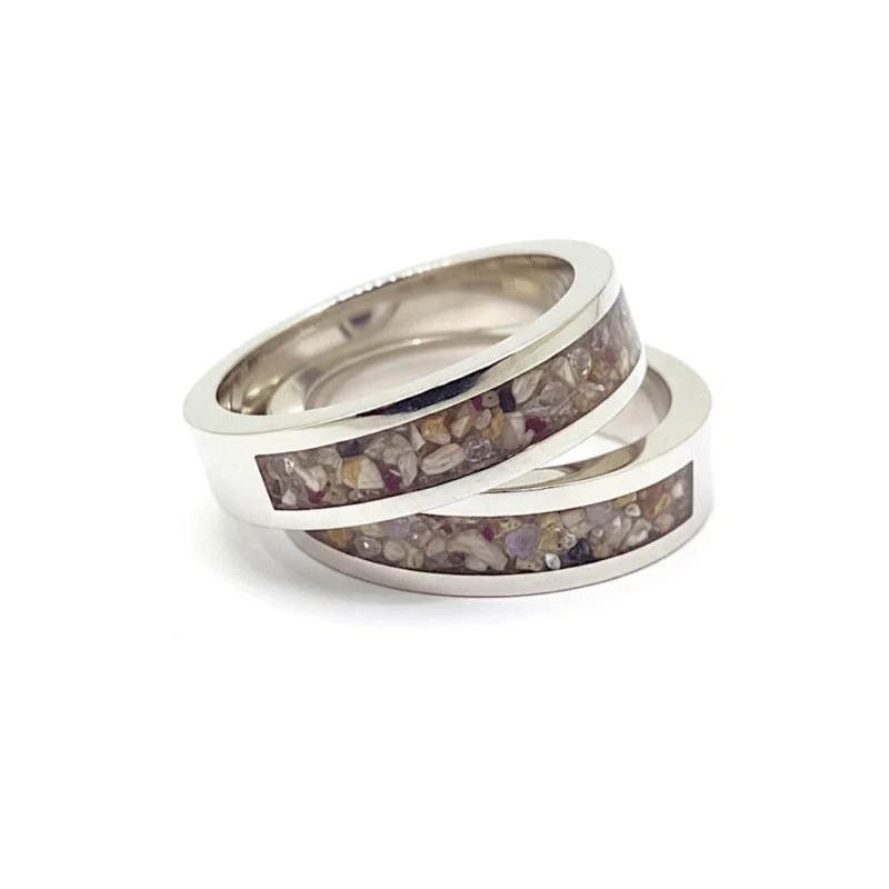 Sterling Silver or 9ct White Gold ashes rings with cremation ashes and opal inclusion inlay, handmade memorial jewellery by Uneik Jewellery Australia