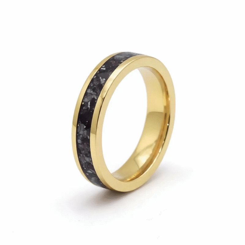 9ct Yellow Gold ashes ring with cremation ashes and opal inclusion inlay, handmade memorial jewellery by Uneik Jewellery Australia