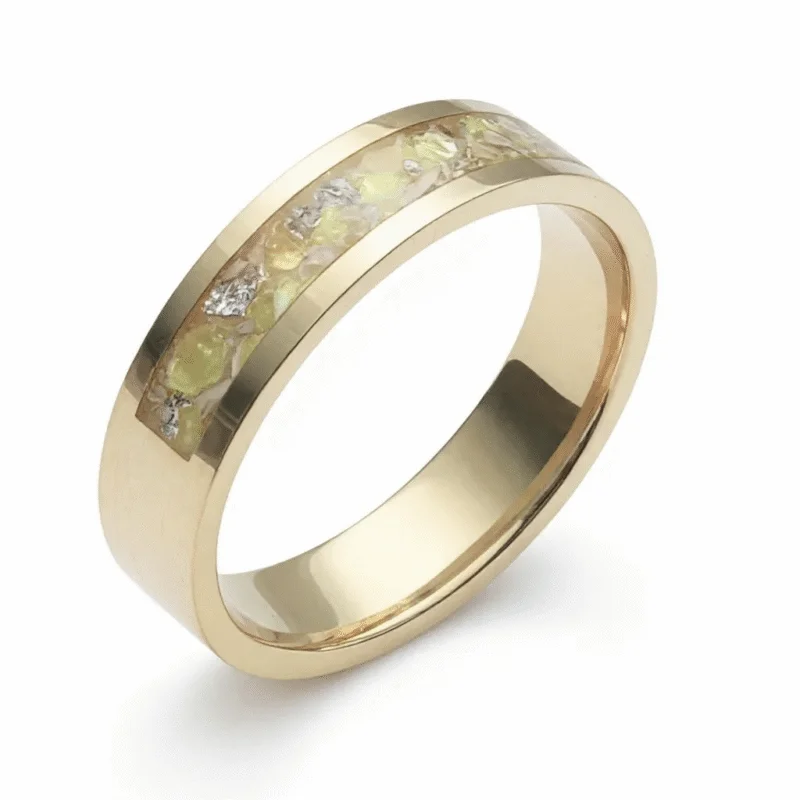 9ct Yellow Gold ashes ring with cremation ashes and opal inclusion inlay, handmade memorial jewellery by Uneik Jewellery Australia