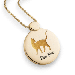 Yellow Gold cat ashes jewellery pendant with necklace with pet cremation ashes. Handcrafted in Australia. Pet memorial jewellery by Uneik Jewellery and Memories4Life.