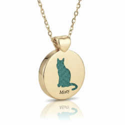 9ct solid yellow Gold ashes jewellery pendant with necklace with pet cremation ashes. Handcrafted in Australia. Pet memorial jewellery by Uneik Jewellery and Memories4Life.