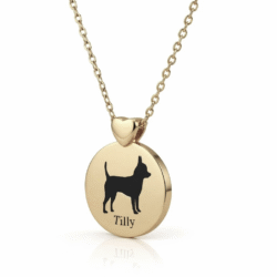 9ct Yellow Gold dog ashes jewellery pendant with necklace with pet cremation ashes. Handcrafted in Australia. Pet memorial jewellery by Uneik Jewellery and Memories4Life.