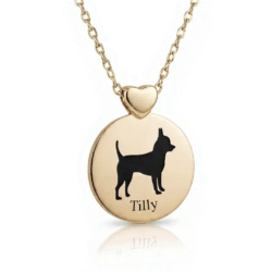 Yellow Gold ashes jewellery dog pendant with necklace with pet cremation ashes. Handcrafted in Australia. Pet memorial jewellery by Uneik Jewellery and Memories4Life.