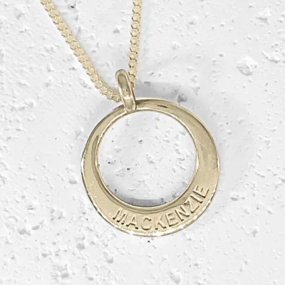 Solid 9ct Yellow Gold name pendant. Custom made in Australia in 5 sizes.