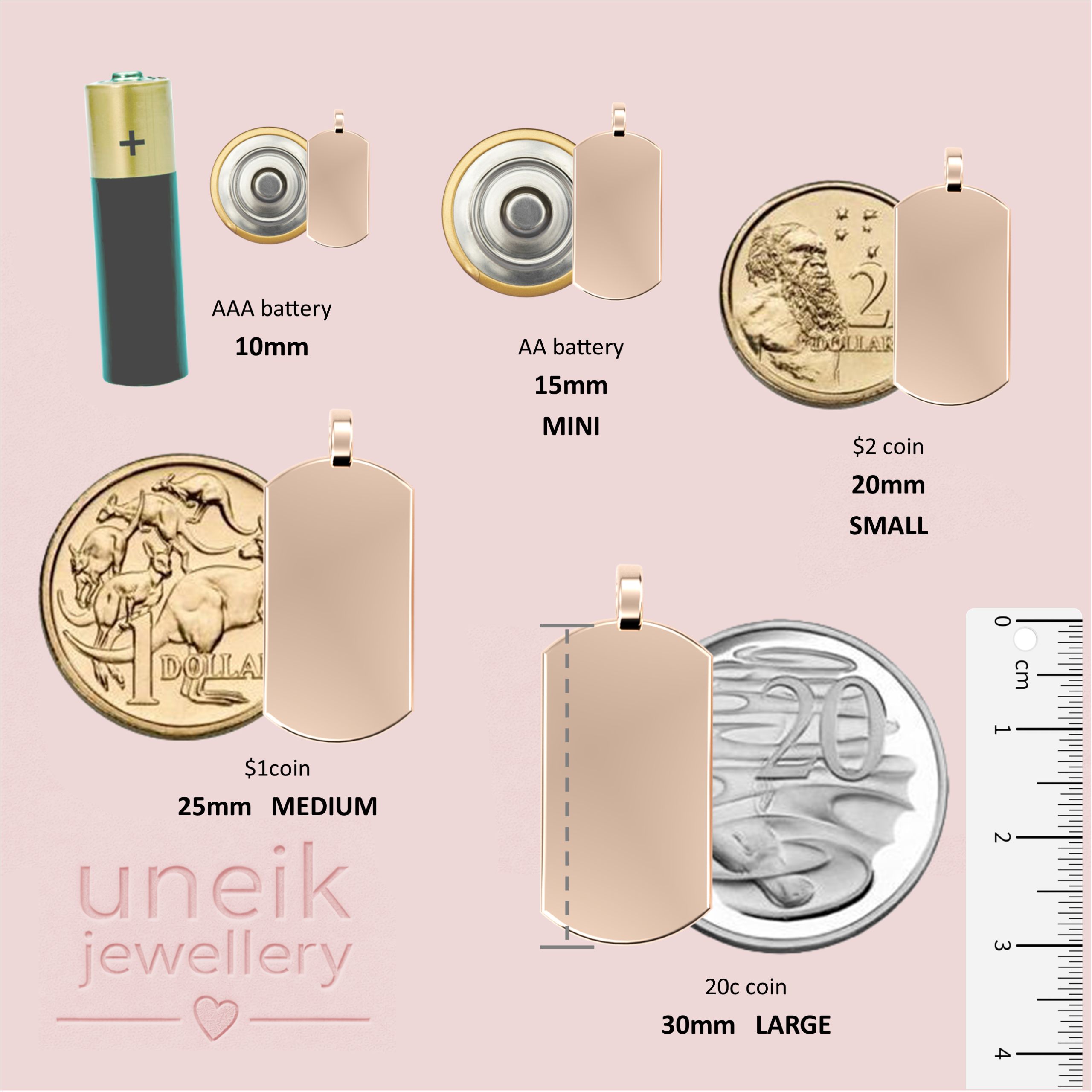 uneik Jewellery size guide for dogtag pendants