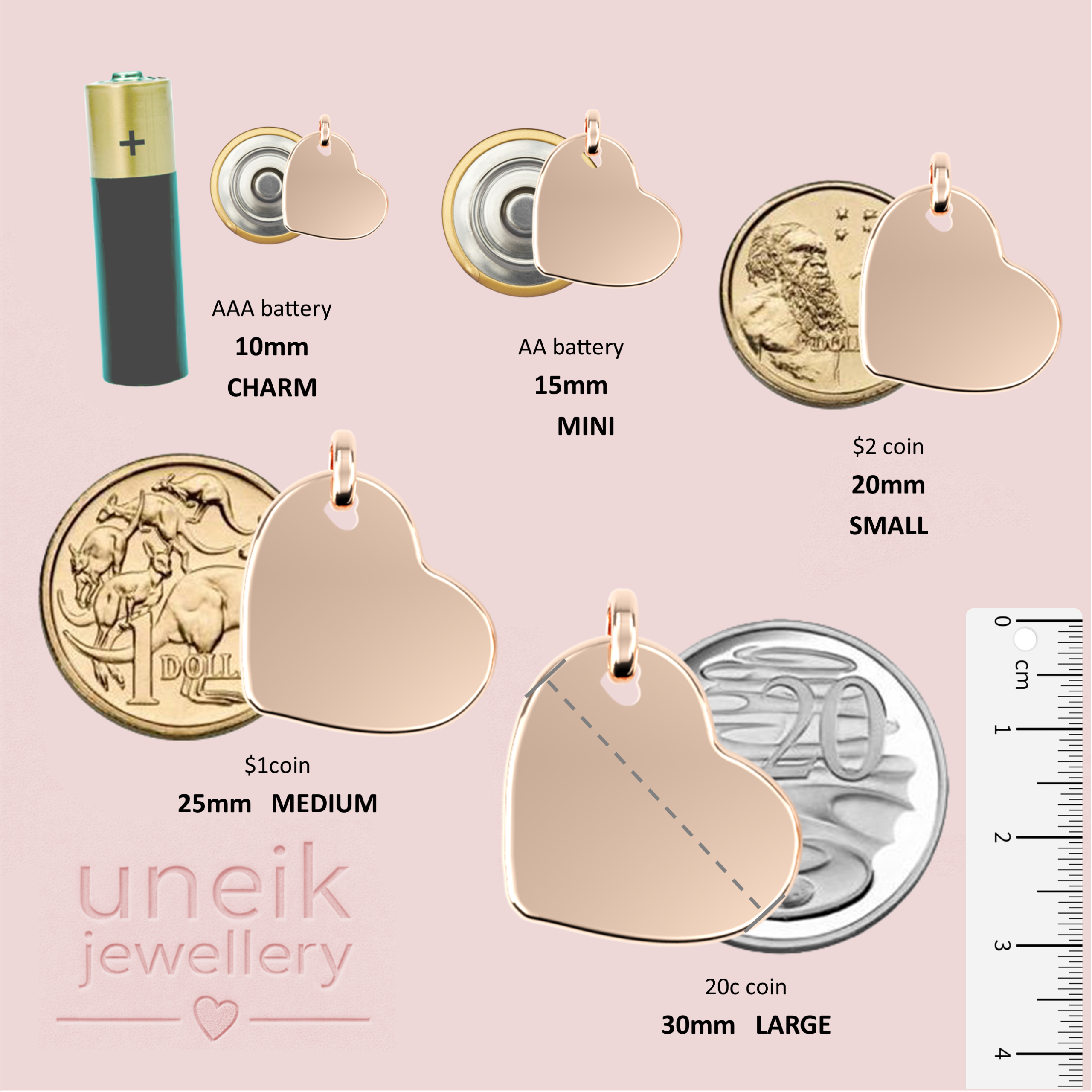 uneik Jewellery size guide for heart pendants