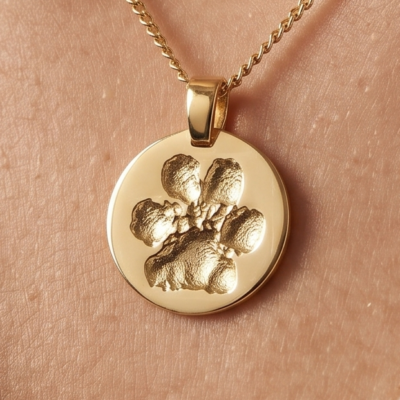 pawprint petprint yellow gold round pendant necklace