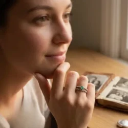 Lifestyle shot of female wearing bubble cremation Ashes ring on right with a plain bubble ring sterling silver